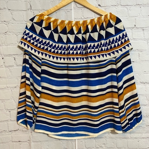 Chicos Off-The-Shoulder Top Womens Size 4 (XXL) Blue Yellow White Striped - Picture 6 of 9